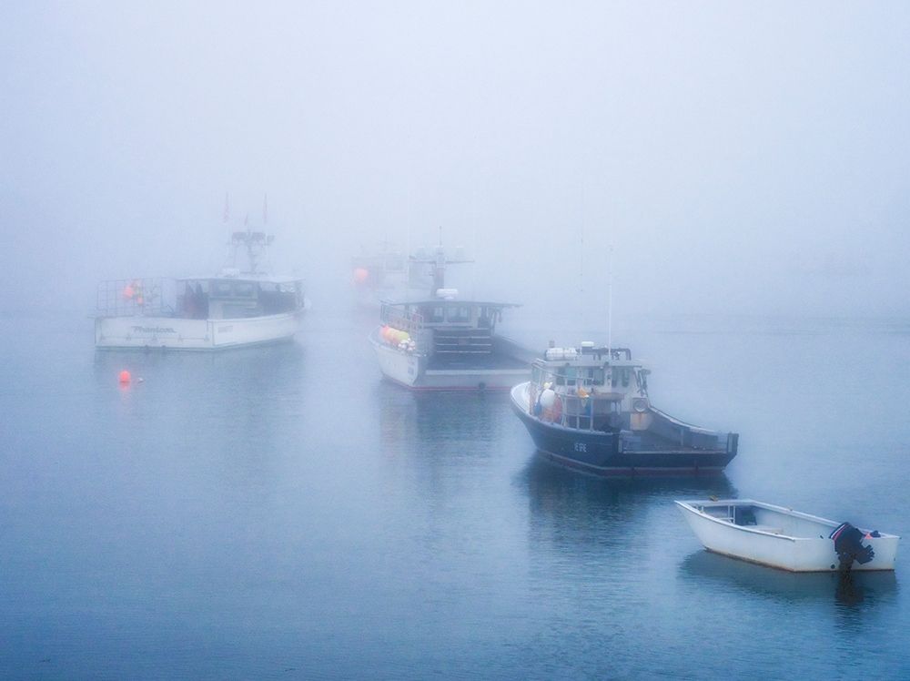 Maine Fishing boats in the harbor with fog art print by Julie Eggers for $57.95 CAD