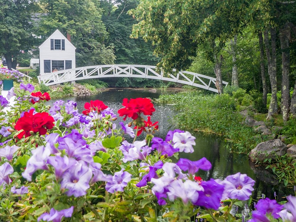 Maine Somesville bridge in Acadia National Park with petunias and geraniums in the foreground art print by Julie Eggers for $57.95 CAD