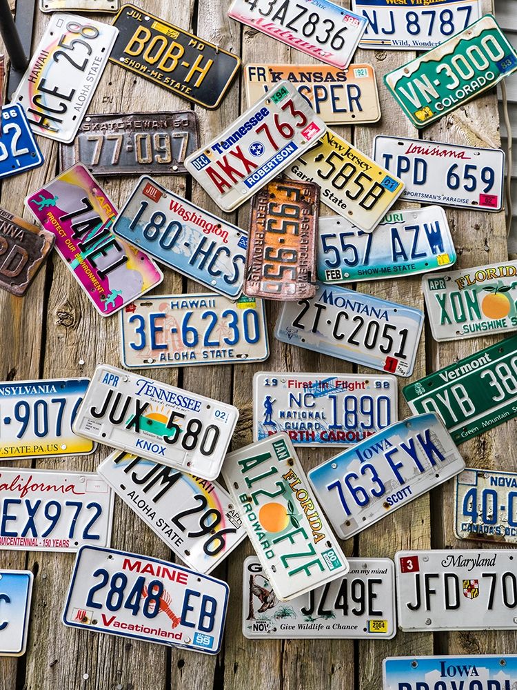Maine License plates on Old Wall in Bar Harbor art print by Julie Eggers for $57.95 CAD