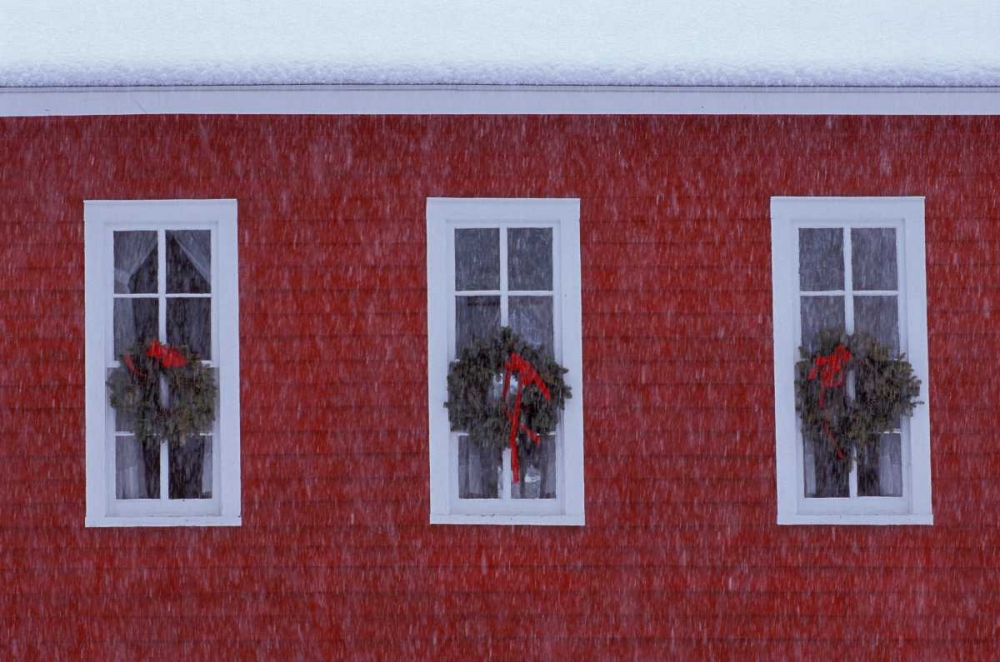 MI, Three Christmas wreathes in schoolhouse art print by Mark Carlson for $57.95 CAD