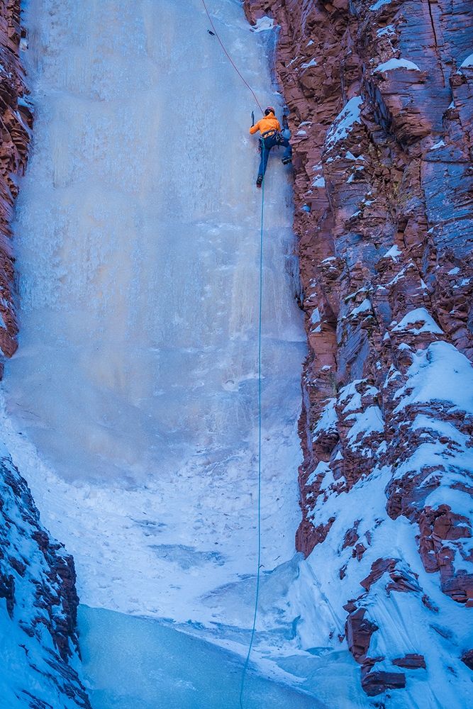 Minnesota-Lake Superior Climber scaling frozen waterfall on cliff art print by Jaynes Gallery for $57.95 CAD