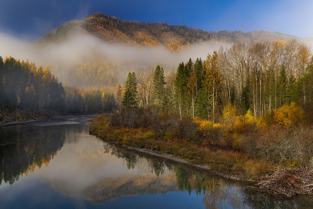 Foggy autumn sunrise on McDonald Creek and Apgar Mountain in Glacier National Park, Montana, USA art print by Chuck Haney for $57.95 CAD