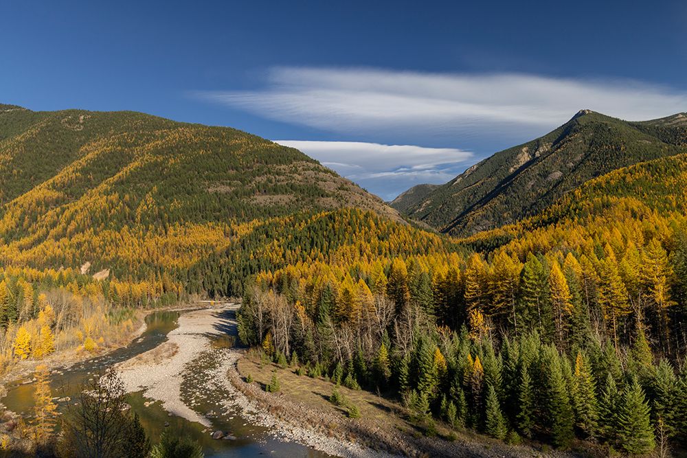Middle Fork Flathead River with Scalplock Mountain in autumn in Glacier National Park, Montana, USA art print by Chuck Haney for $57.95 CAD
