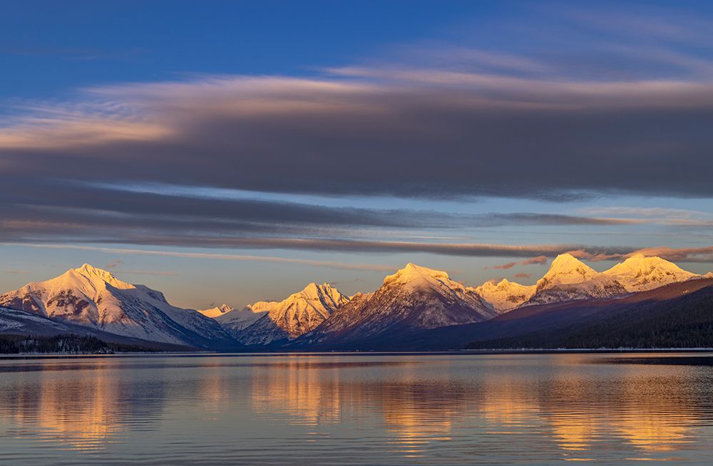 Winter sunset on mountain peaks over Lake McDonald in Glacier National Park-Montana-USA art print by Chuck Haney for $57.95 CAD
