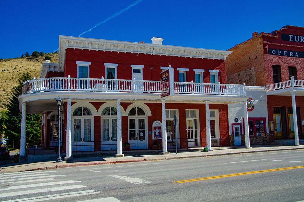 USA, Nevada, Eureka. Jackson House Hotel (1877) and Sachas Pizza and Sugar Shack(1880). art print by Bernard Friel for $57.95 CAD