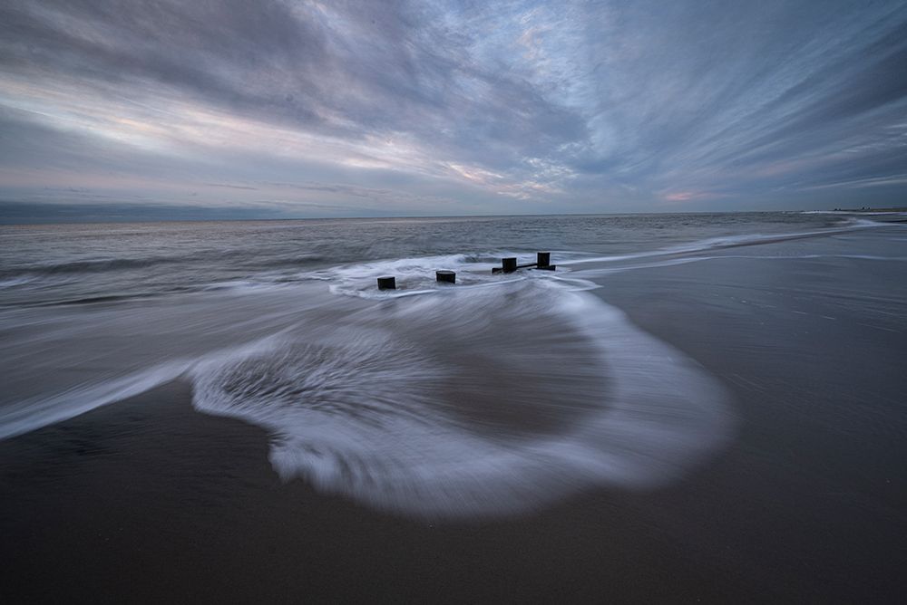 USA-New Jersey-Cape May National Seashore Pier stumps on cloudy seashore sunrise art print by Jaynes Gallery for $57.95 CAD