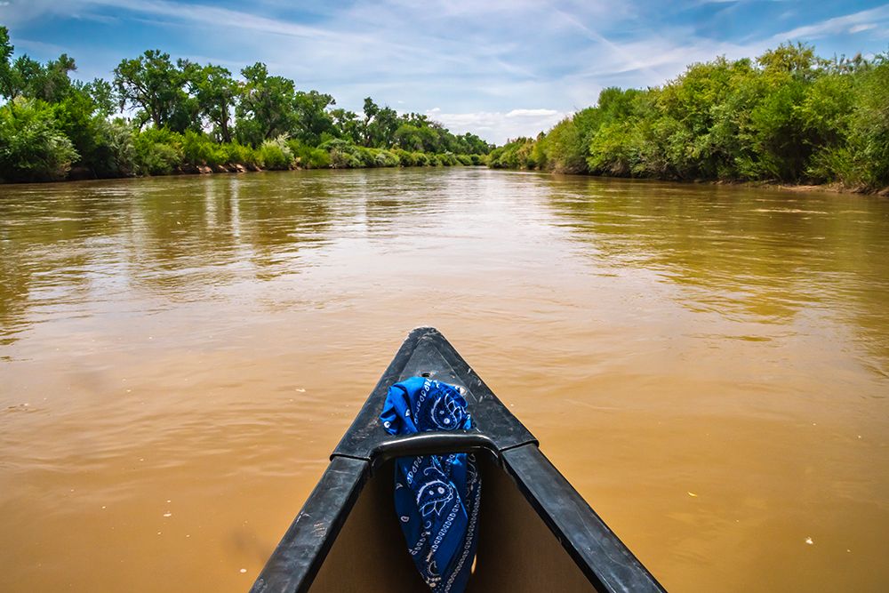 USA, New Mexico, Rio Grande River. Bow of canoe on river. art print by Jaynes Gallery for $57.95 CAD
