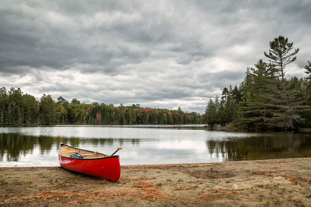 USA, New York, Adirondacks. Lake Abanakee, Red canoe on Chain Lakes Bathing Beach art print by Ann Collins for $57.95 CAD