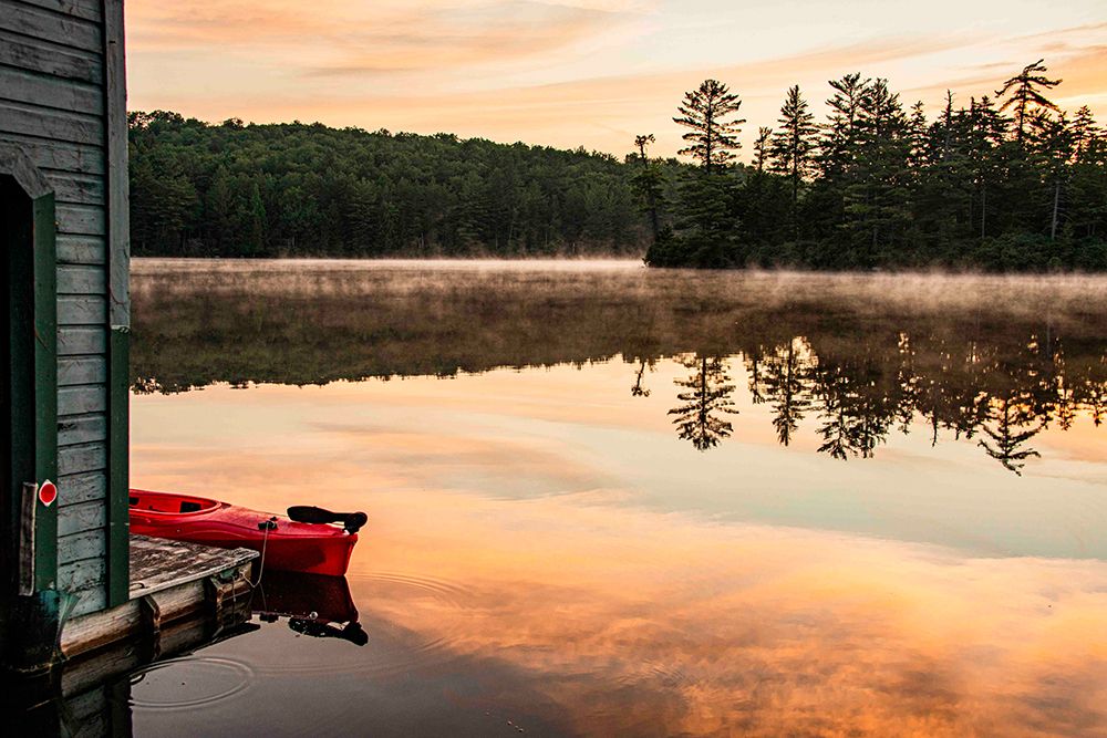 USA, New York. Adirondack Park, Saranac Lake, Hoel Pond, canoe at boathouse dock. art print by Alison Jones for $57.95 CAD