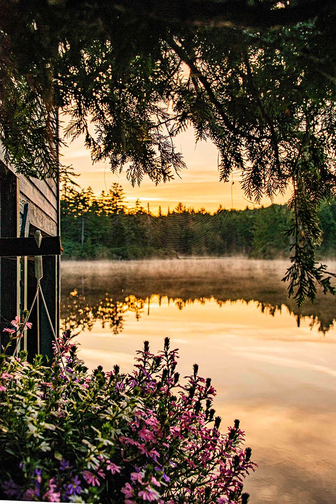 USA, New York. Adirondack Park, Saranac Lake, Hoel Pond, view of sunrise past boathouse. art print by Alison Jones for $57.95 CAD