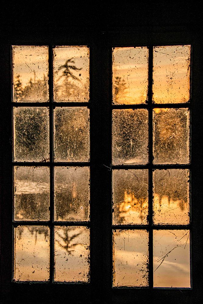 USA, New York Adirondack Park, Saranac Lake, Hoel Pond, sunrise reflection through boathouse window art print by Alison Jones for $57.95 CAD
