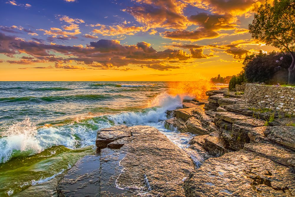 USA-New York-Lake Ontario Sunset waves on rocky shoreline art print by Jaynes Gallery for $57.95 CAD
