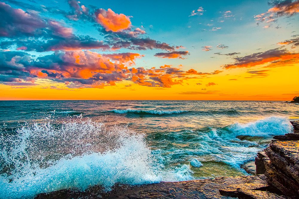 USA-New York-Lake Ontario Sunset waves on rocky shoreline art print by Jaynes Gallery for $57.95 CAD