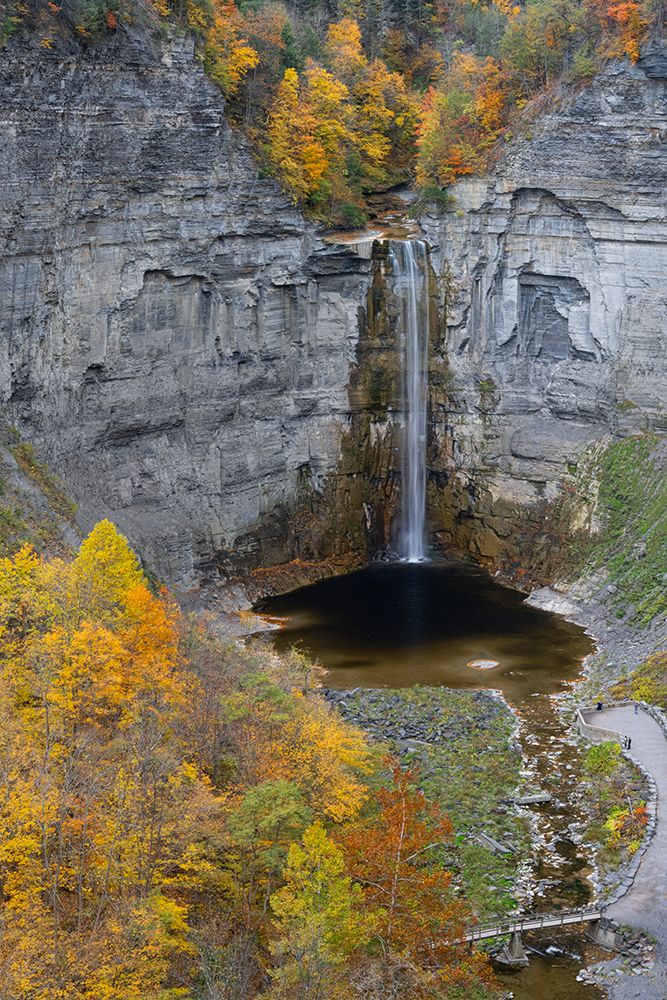 USA, New York. Creek, fall foliage and Taughannock Falls at State Park art print by Howie Garber for $57.95 CAD