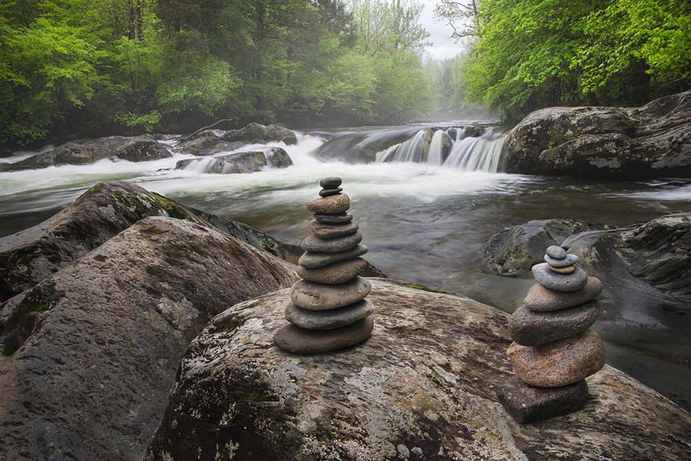 Cascading mountain stream and rock cairns-Great Smoky Mountains National Park art print by Adam Jones for $57.95 CAD
