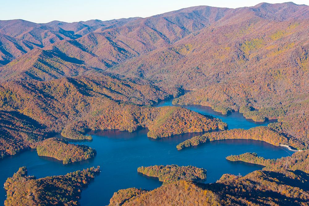 USA, North Carolina. Fall color Appalachian Mountains. Lake Santeetlah and dam art print by Trish Drury for $57.95 CAD