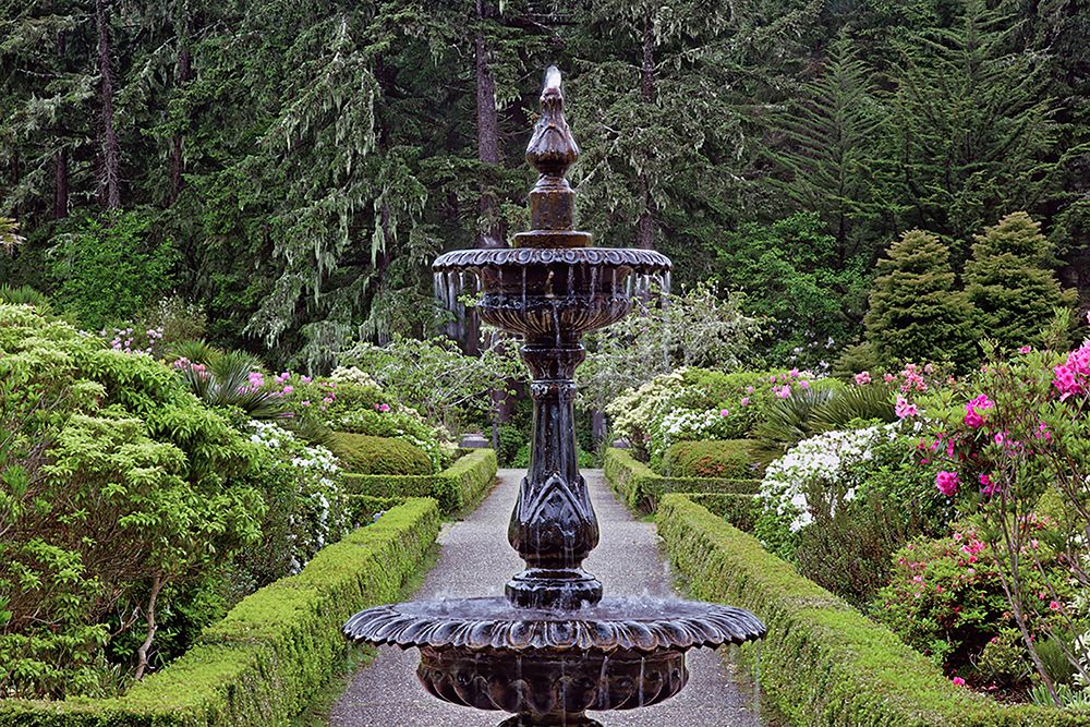 Fountain and in rhododendron garden-Shore Acres State Park-Coos Bay-Oregon art print by Adam Jones for $57.95 CAD