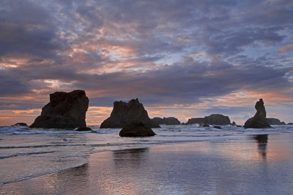 OR, Bandon Sunset over seastacks on ocean beach art print by Don Paulson for $57.95 CAD
