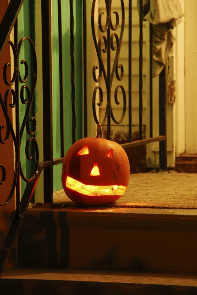 OR, Portland Lighted jack-o-lantern on porch art print by Steve Terrill for $57.95 CAD