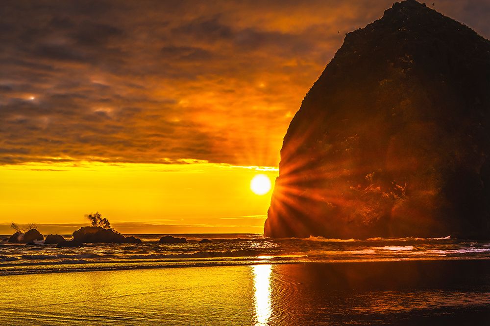 Colorful sunset-Haystack Rock sea stacks-Canon Beach-Clatsop County-Oregon-Originally discovered by art print by William Perry for $57.95 CAD