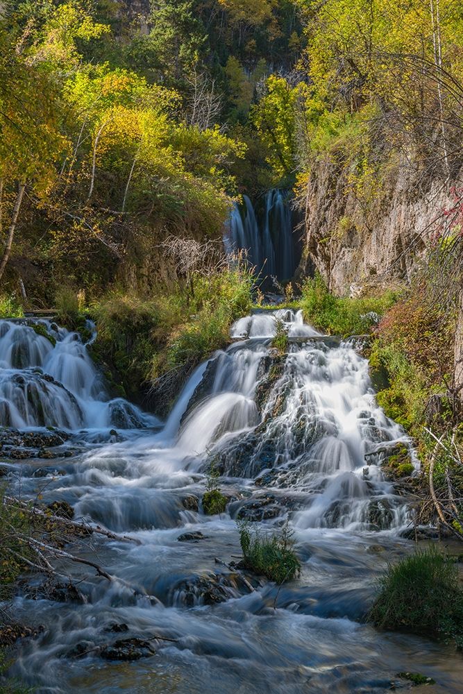 Vertical scenic of Roughlock Falls and autumn foliage-Spearfish Canyon-South Dakota-Black Hills art print by Howie Garber for $57.95 CAD