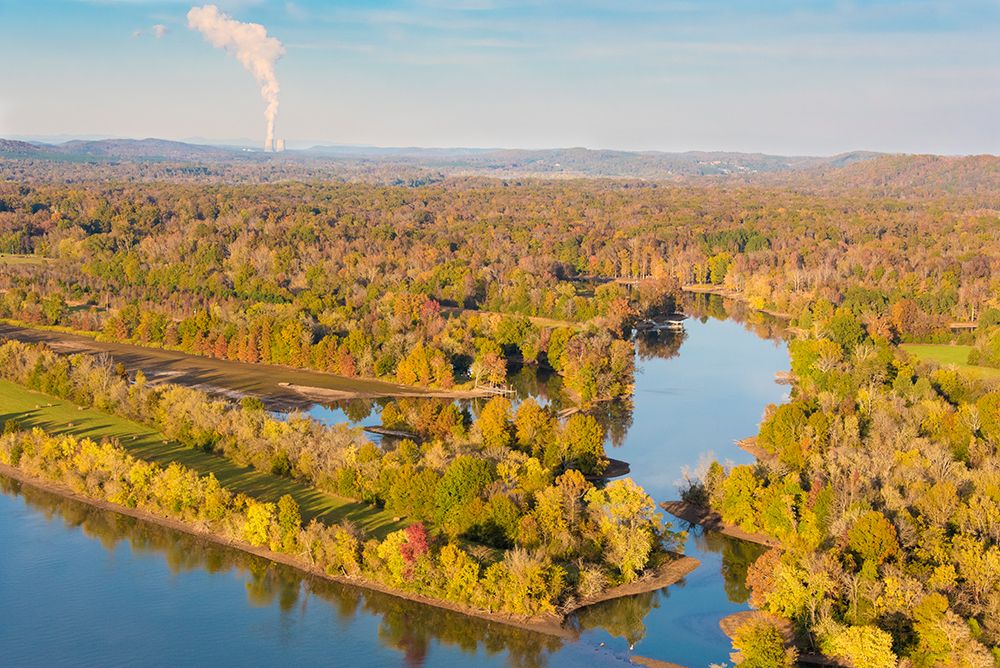 USA-Tennessee. Fall color Tennessee River-Steam from Watts Bar nuclear plant rises on horizon art print by Trish Drury for $57.95 CAD
