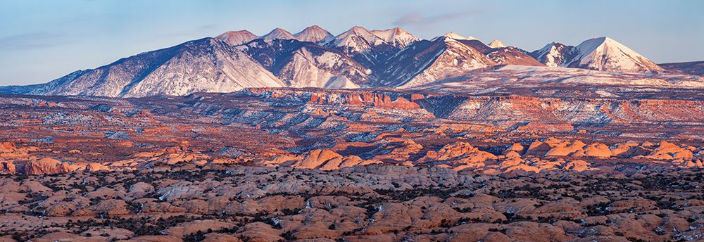 USA, Utah, Moab. Arches National Park, Panoramic view of La Sal Mountains at sunset in winter art print by Ann Collins for $57.95 CAD
