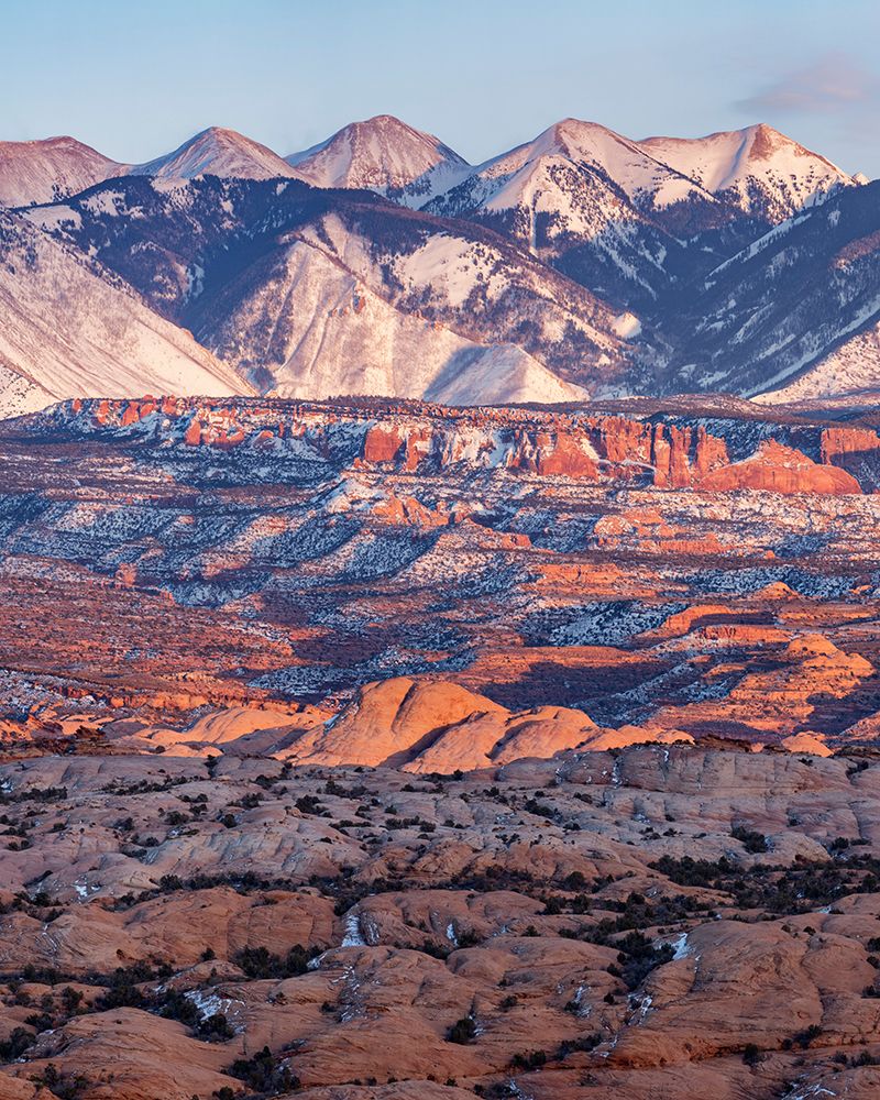 USA, Utah, Moab. Arches National Park, La Sal Mountains at sunset in winter art print by Ann Collins for $57.95 CAD