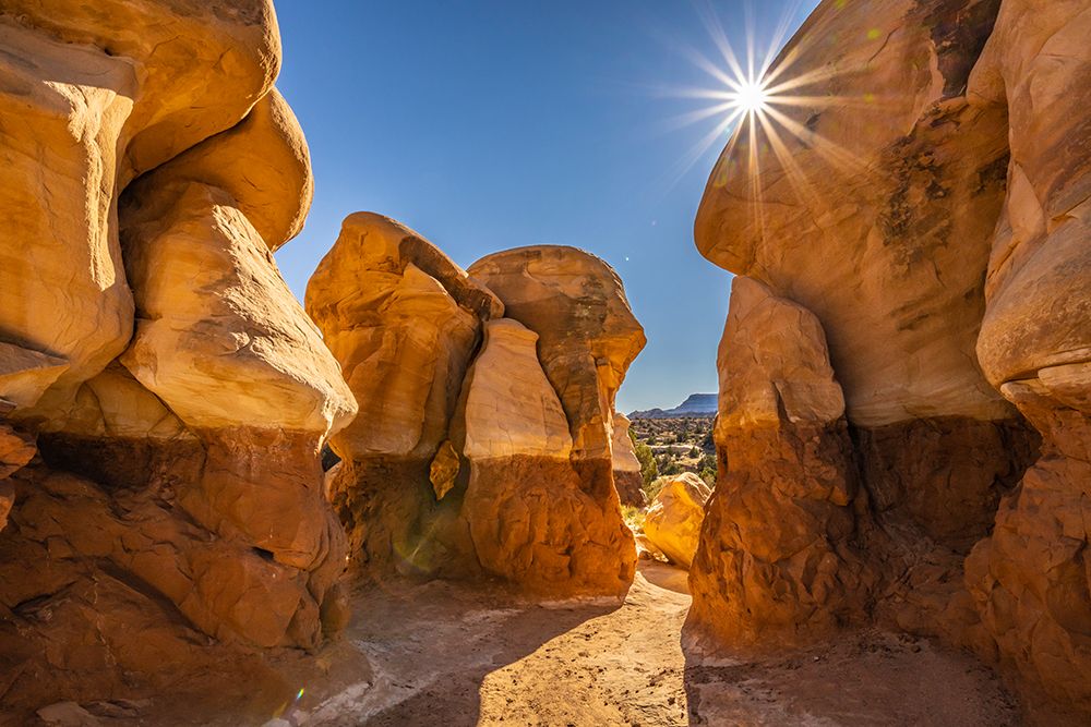 USA- Utah- Devils Garden Outstanding Natural Area. Sun starburst on hoodoo rock formations. art print by Jaynes Gallery for $57.95 CAD