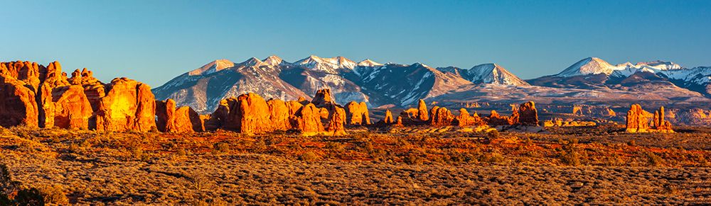 USA-Utah-Arches National Park Panoramic of La Sal Mountains and Parade Of Elephants formations art print by Jaynes Gallery for $57.95 CAD