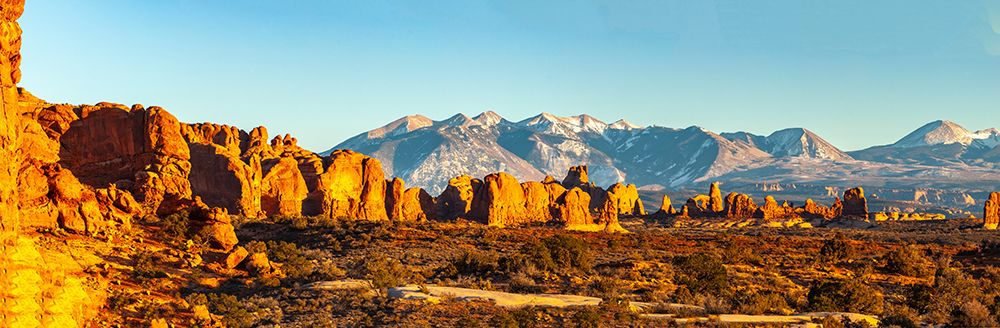 USA-Utah-Arches National Park Panoramic of La Sal Mountains and Parade Of Elephants formations art print by Jaynes Gallery for $57.95 CAD