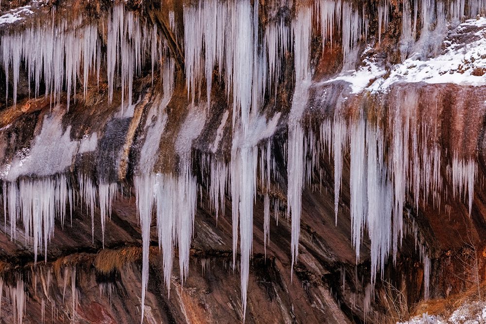 Icicles hang on red rock in Zion National Park, Utah, USA art print by Chuck Haney for $57.95 CAD