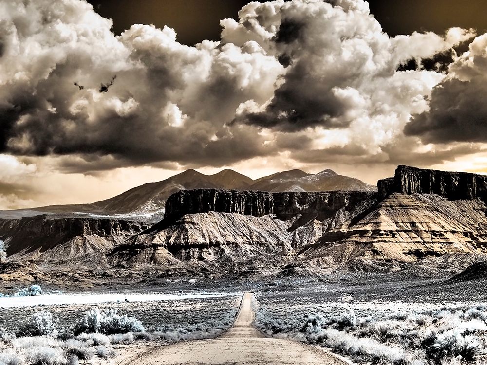 USA-Utah Infrared of road leading to Fisher Tower and large clouds art print by Terry Eggers for $57.95 CAD