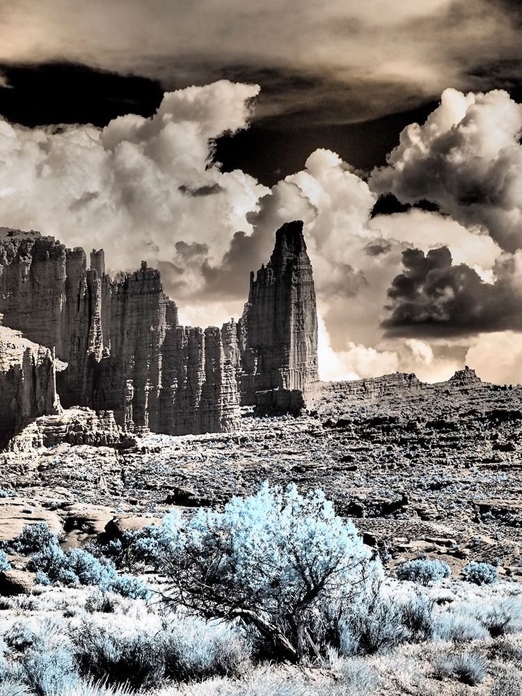 USA-Utah Infrared of Fisher Towers with large clouds art print by Terry Eggers for $57.95 CAD