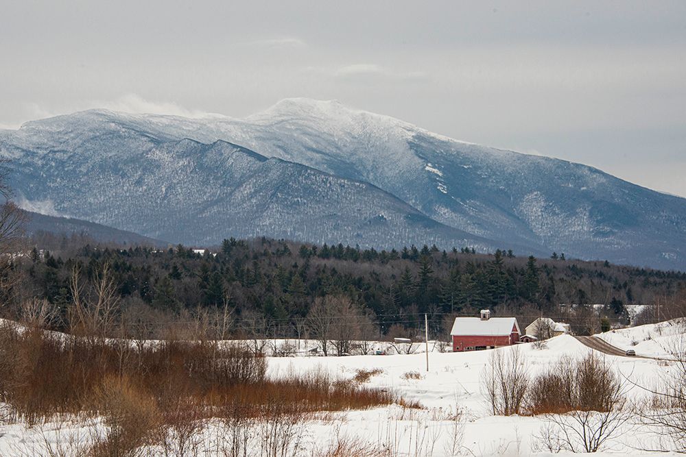 USA-Vermont-Cambridge Lower Pleasant Road-toward the west side of Mount Mansfield-snow on field art print by Allison Jones for $57.95 CAD