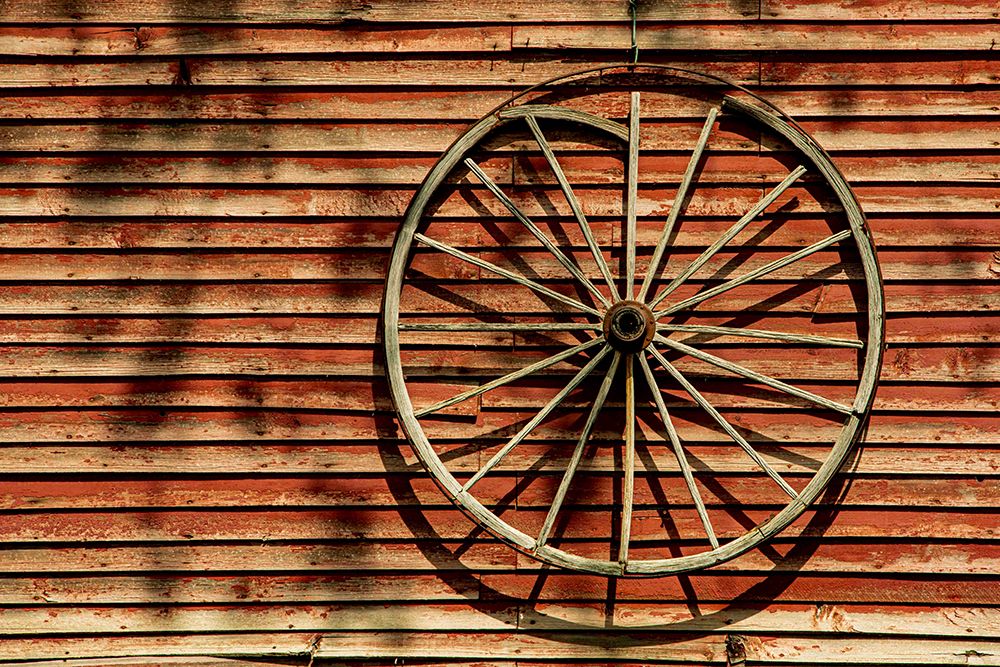 USA, Vermont, Stowe. Old barn with wagon wheel, Brownsville Road art print by Alison Jones for $57.95 CAD