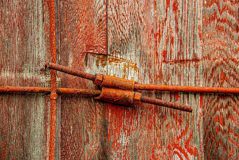 USA, Vermont, St. Johnsbury. Home of Stephen Huneck Gallery, red barn, door and window latch. art print by Alison Jones for $57.95 CAD