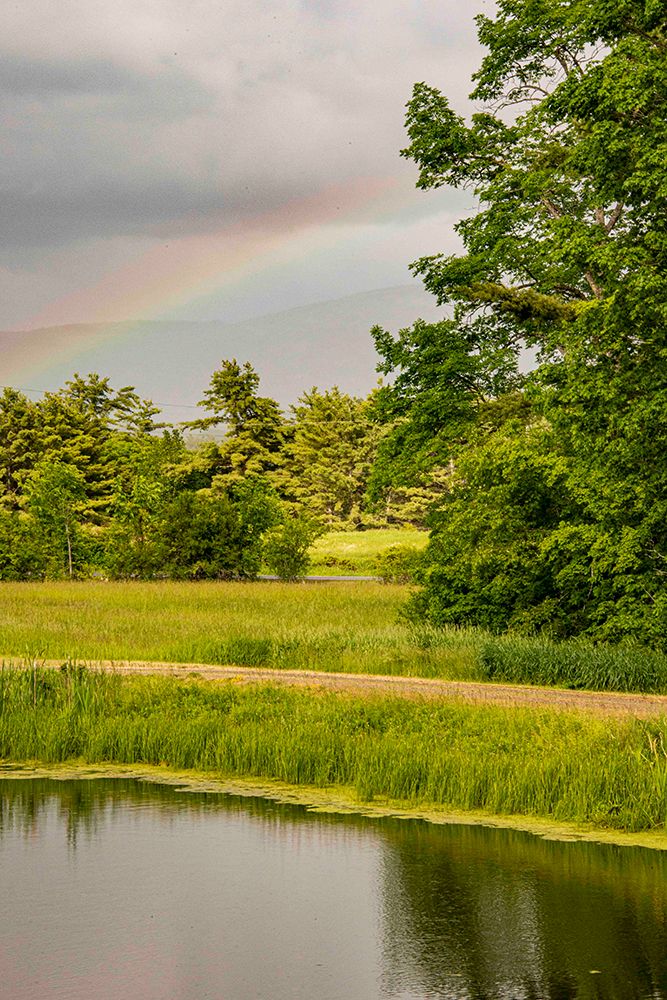 USA, Vermont, Otter Creek River Basin, Weybridge. Pond with rainbow and Green Mountains beyond. art print by Alison Jones for $57.95 CAD