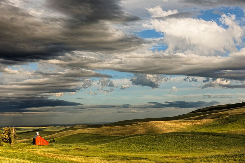 Red barn in valley of rolling farm fields-Palouse agricultural region of western Idaho art print by Adam Jones for $57.95 CAD