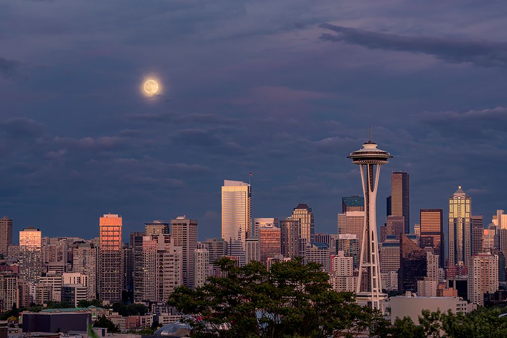Seattle skyline and super moon at dusk-Seattle-Washington State art print by Adam Jones for $57.95 CAD