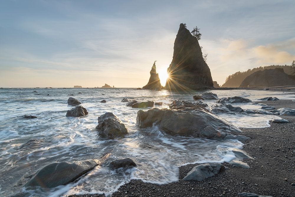 Setting sun behind Split Rock on Rialto Beach-Olympic National Park art print by Alan Majchrowicz for $57.95 CAD