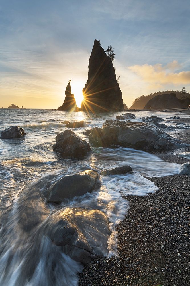 Setting sun behind Split Rock on Rialto Beach-Olympic National Park art print by Alan Majchrowicz for $57.95 CAD