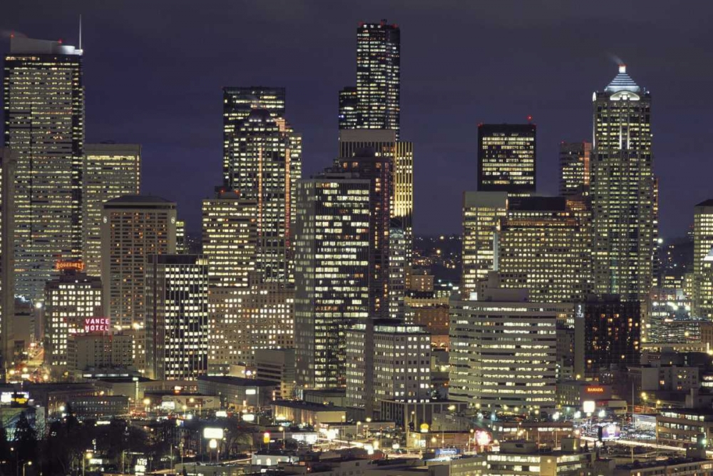 Washington, Seattle Night skyline of downtown art print by Don Grall for $57.95 CAD