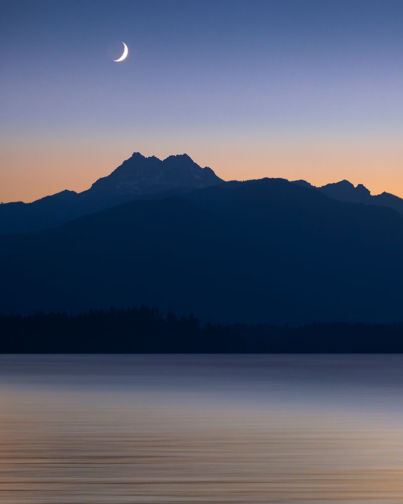 USA-Washington State-Seabeck Crescent moon at sunset over Hood Canal and Olympic Mountains art print by Jaynes Gallery for $57.95 CAD
