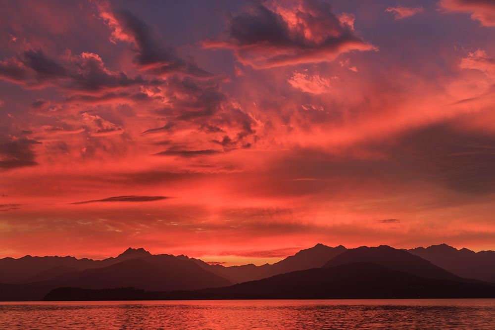 USA, Washington State, Seabeck. Vivid sunset over Hood Canal and Olympic Mountains. art print by Jaynes Gallery for $57.95 CAD