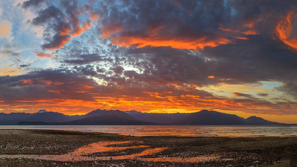 USA, Washington State, Seabeck. Vivid sunset panoramic over Hood Canal and Olympic Mountains. art print by Jaynes Gallery for $57.95 CAD