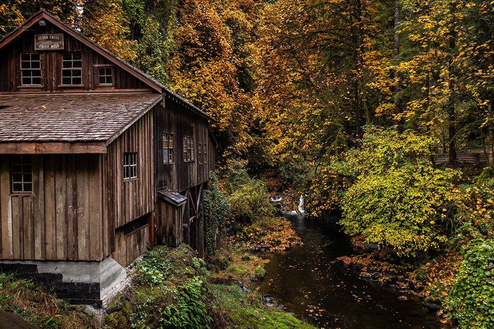Historic grist mill over Cedar Creek in Woodland, Washington State, USA art print by Chuck Haney for $57.95 CAD