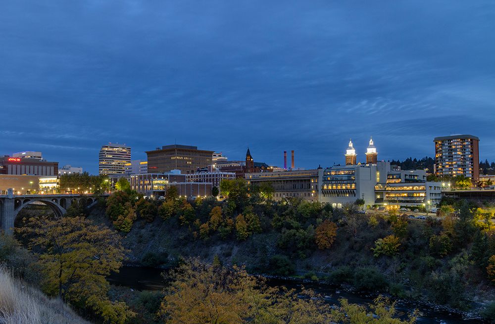 Cityscape along the north side of the Spokane River in autumn in Spokane, Washington State, USA art print by Chuck Haney for $57.95 CAD