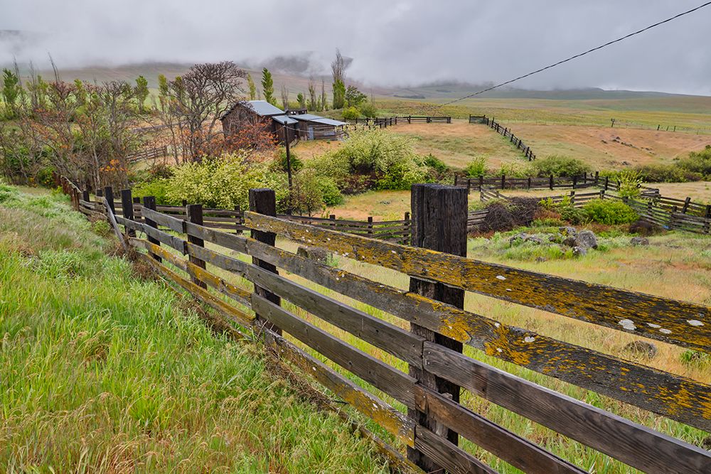 USA, Washington State. Columbia Hills State Park with barn and fence line art print by Darrell Gulin for $57.95 CAD