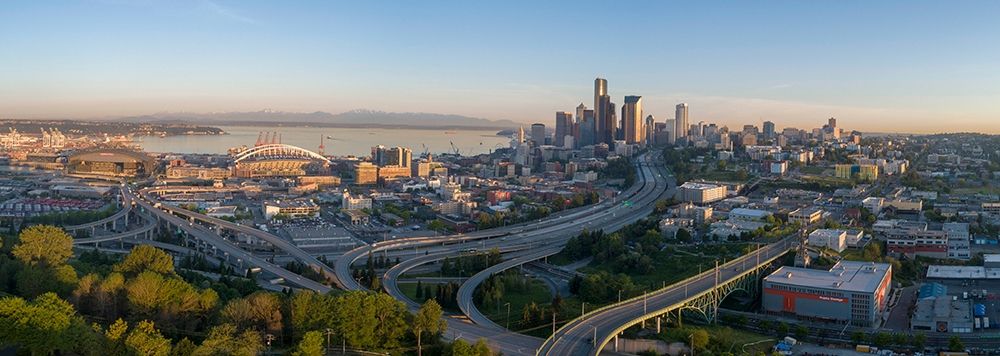 Sunrise view on Seattle-Elliott Bay and the Olympic Mountains as seen from Beacon Hill art print by Greg Probst for $57.95 CAD